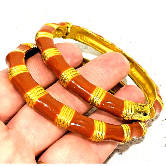 2 Kenneth Lane Signed Goldtone Burnt Orange Ribbed Bracelets Hinged Slim Bangles - Picture 10 of 10